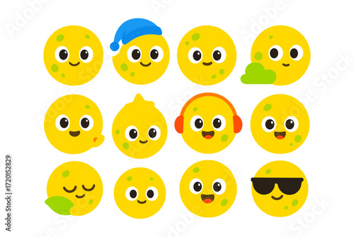 Cute cartoon lemon faces with expressions and accessories for emoji design