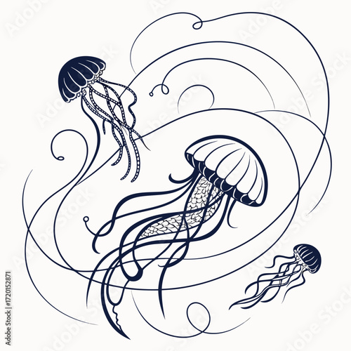 Vector art of elegant jellyfish illustration showcasing graceful marine life with flowing tentacles, ethereal movement, and a serene underwater ambiance, perfect for coastalthemed designs