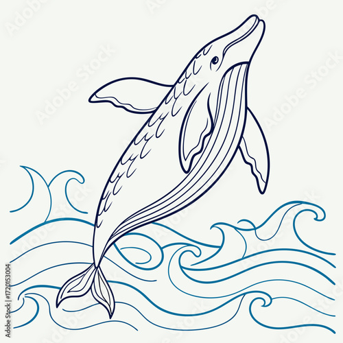 Vector art of handdrawn illustration of a whale jumping out of the ocean, the whale is large and powerful, with a long body and a strong tail the ocean is rough and choppy, with large waves