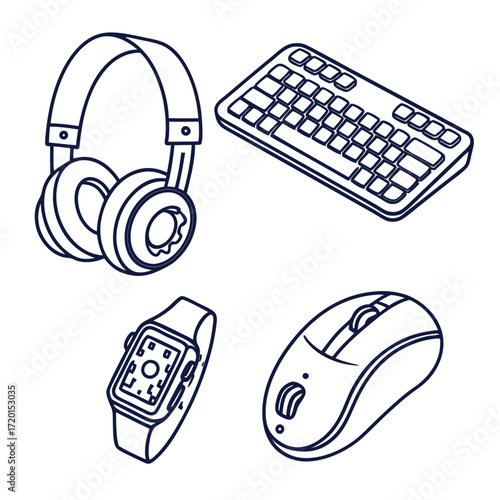 Vector art of isometric illustration of modern gadgets wireless headphones, computer keyboard, smartwatch and mouse for pc concept of digital devices and electronic equipment