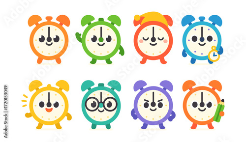 Playful cartoon alarm clocks with various expressions and accessories