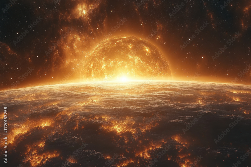 Obraz premium Bright orange planet glowing in center.