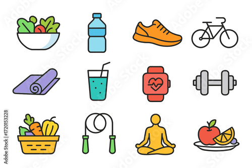 Healthy living icons: fitness, nutrition, and wellness essentials in flat design