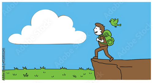 Cartoon traveler walking towards a cliff edge with a backpack, a cloud, and a bird in a vibrant illustration