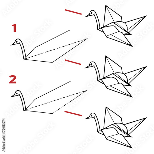 Vector art of stepbystep guide on how to fold an origami crane, this simple diagram shows the process of creating a traditional paper bird with clear instructions