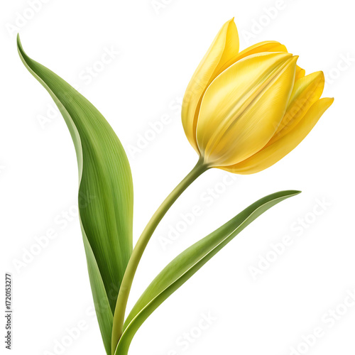 A single bright yellow tulip with smooth petals and long green leaves isolated on a transparent background
