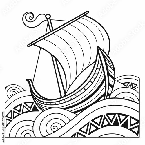 Vector art of stylized viking ship sailing on patterned waves, capturing the essence of adventure, exploration, and the rich history of seafaring