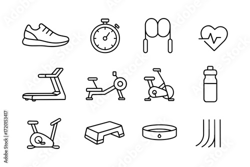 Fitness icons: minimalist line art of gym equipment and health symbols