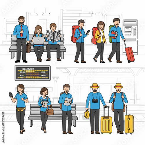 Diverse group of people traveling by train with luggage and gadgets