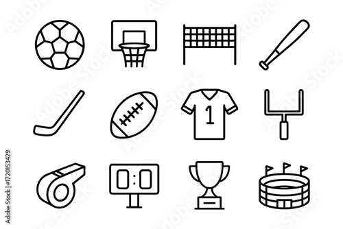 Sports equipment and icons collection featuring soccer, basketball, volleyball, and more in modern linear style