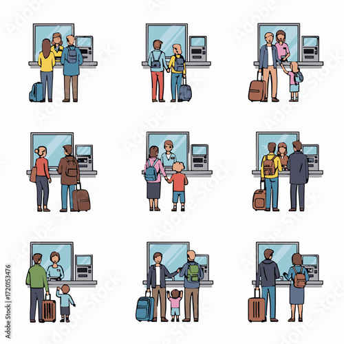 Diverse Families at Ticket Counters A Vector Illustration of Travel and Transactions