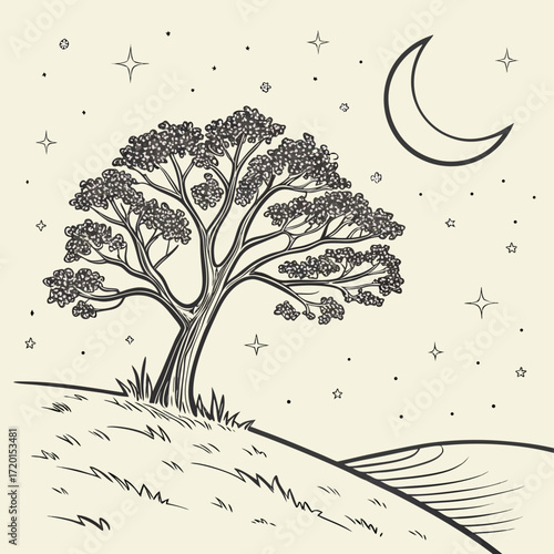 Vector art of whimsical illustration of a solitary tree silhouetted against a serene night sky, featuring a crescent moon and twinkling stars, evokes a sense of tranquility and wonder