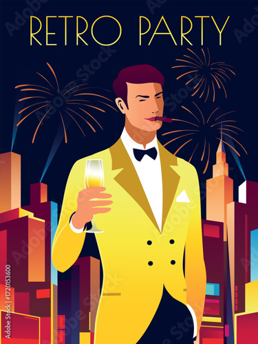 Art deco retro party invitation card with man in suit and champagne in the first plan and vibrant nighttime skyscrapers in the background. Handmade drawing vector illustration.