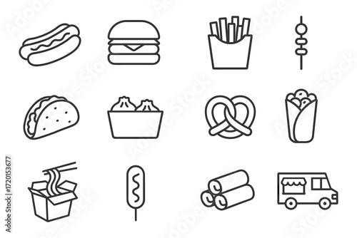 Popular street food outlines: hotdogs, burgers, and more in linear style