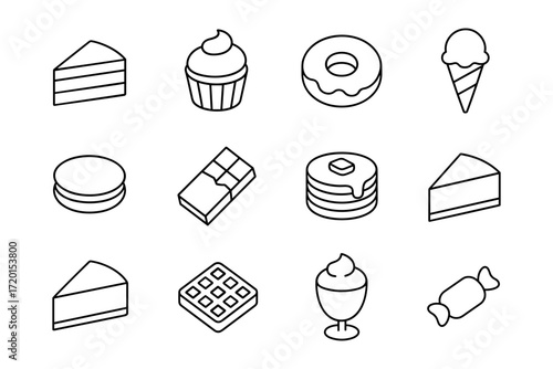 Minimalist line art desserts icons: cake, cupcake, donut, ice cream, macaron, chocolate, pancakes