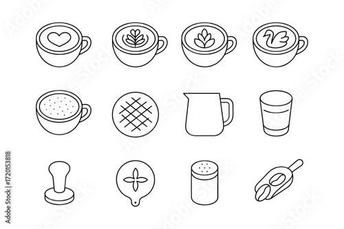 Minimalist coffee line art set with cups and tools for cafes and baristas