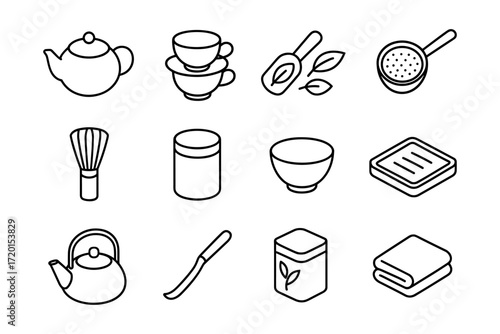 Line art tea set icons featuring teapots, cups, and accessories