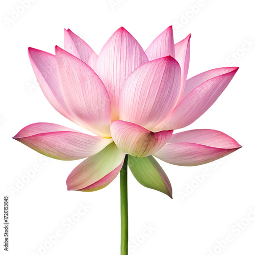 A single pink lotus flower with delicate petals and green stem isolated on a transparent background