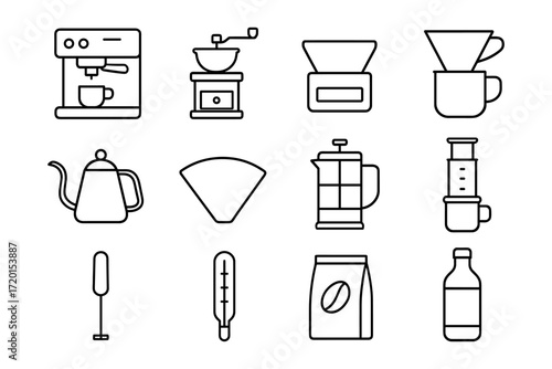 Coffee preparation icons set: linear style coffee making tools