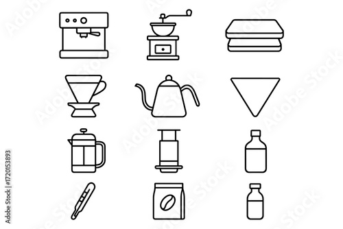 Outline icons of coffee brewing equipment for modern cafes and kitchens