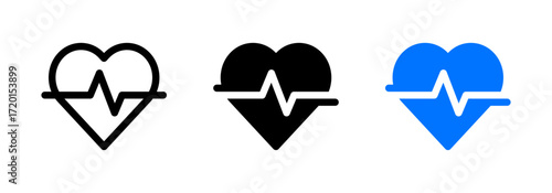 Heart with heartbeat icons symbolizing health, cardiology, medical care, fitness, pulse monitoring, wellness, and healthcare services in three variations