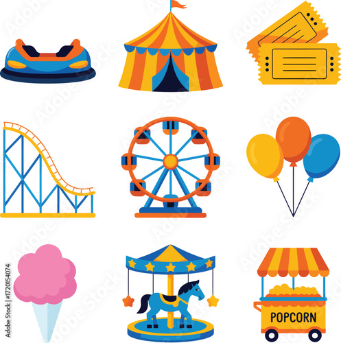 Vibrant Flat Design Summer Amusement Park Icons Ferris Wheel, Roller Coaster, and More