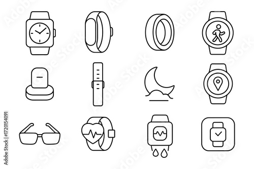 Minimalist wearable technology icons featuring smartwatches and fitness trackers
