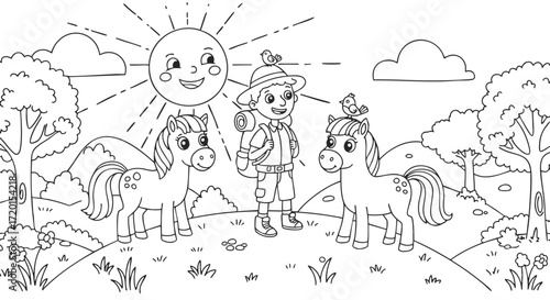 Cute child and ponies adventure in nature with smiling sun and birds in this beautiful illustration