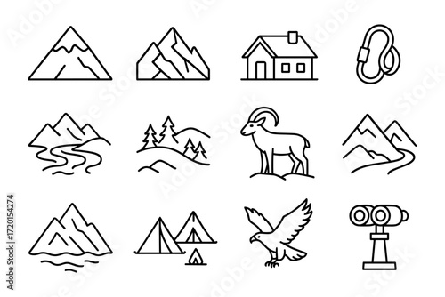 Minimalist mountain adventure icons: nature, wildlife, and camping illustrations