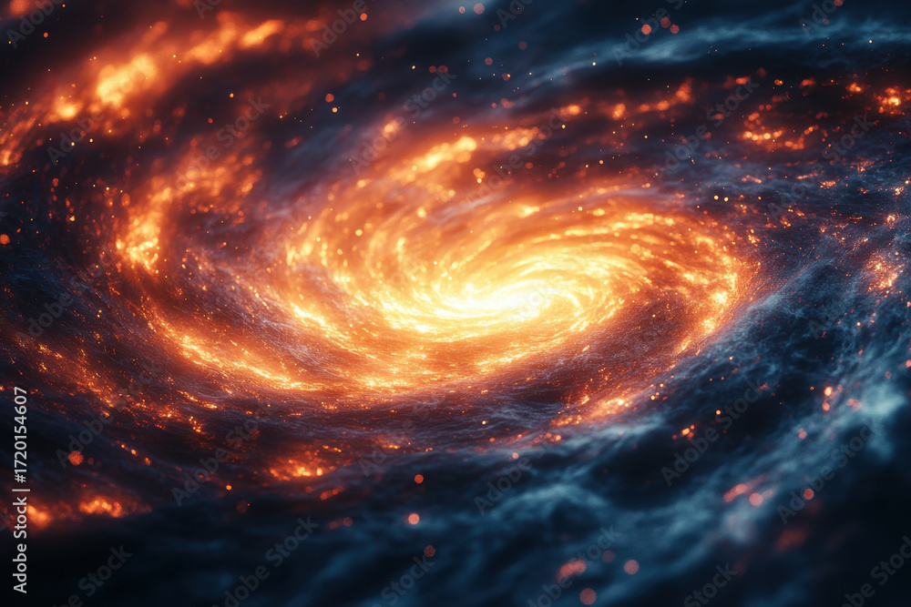 Obraz premium Spiral galaxy with bright orange and blue stars.