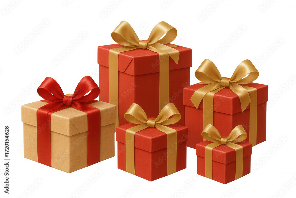 Fototapeta premium Group of red and brown gift boxes having gold and red ribbons. Holiday presents symbolizing celebration and surprise