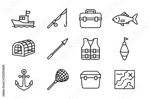 Fishing equipment icons set in simple linear style