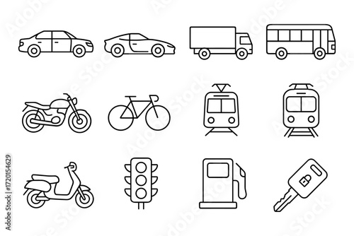 Linear icon set of various transport vehicles and symbols