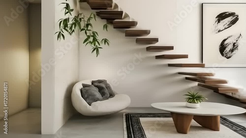Modern minimalist living room with a wooden staircase and stylish decor.