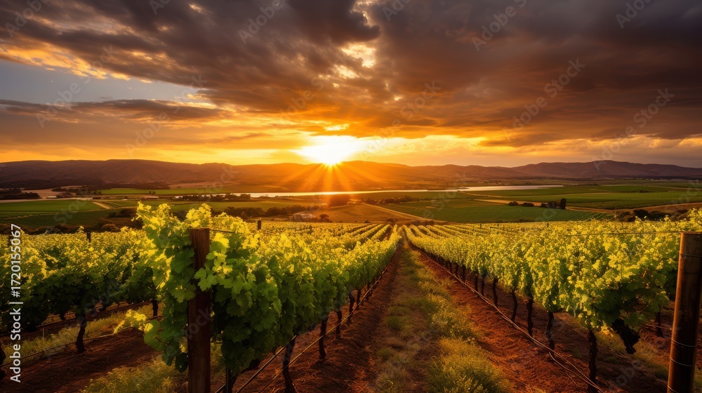 Fototapeta premium Golden sunset over rolling vineyards and distant mountains hills