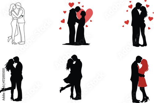 Couples kissing illustration, romantic embrace, love gesture, passion moment, heart background, relationship vector artwork