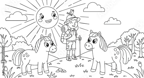 Happy child adventurer hiking through a sunny meadow with two friendly cartoon ponies, ready for a fun outdoor journey, a delightful scene for coloring pages