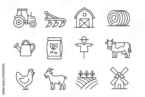 Farm equipment and animals icons in linear outline style for agricultural design
