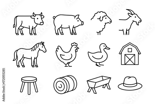 Farm animal outlines with barn and accessories in linear style