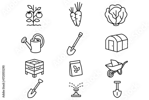 Essential gardening icons: tools, vegetables, and accessories in line art style