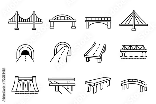 Set of linear outline bridge and road icons