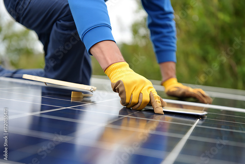 Close up of a person wearing yellow gloves installing solar panels on a roof