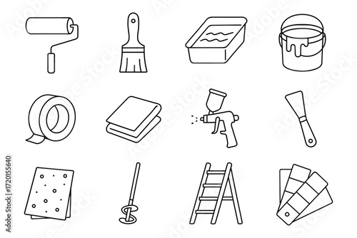 Minimalist outline of home renovation tools icons set