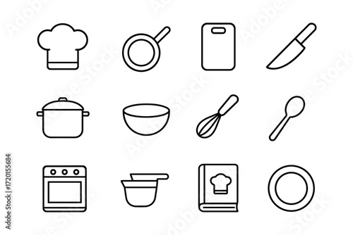 Minimalist kitchen icons set: utensils, cookware, and appliances in linear style