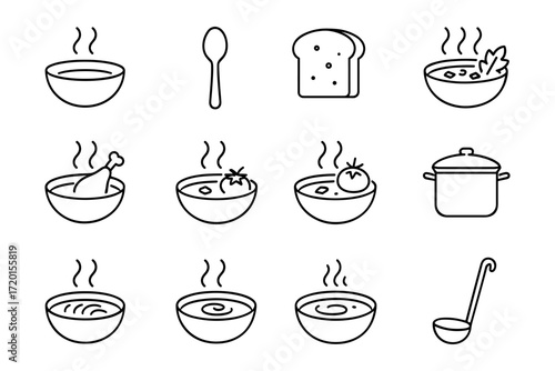 Minimalist line art of soup bowls and cooking utensils