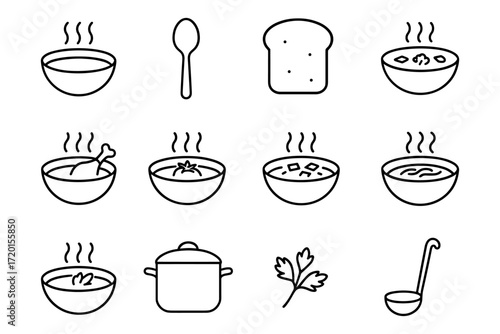 Minimalist soup icon set featuring utensils and ingredients in linear style