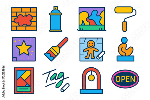 Colorful graffiti and street art icons set in modern flat style