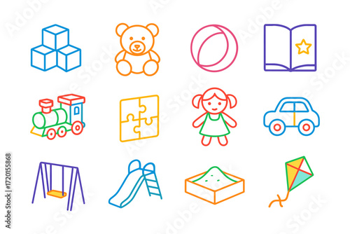 Colorful linear icons of classic children's toys and activities