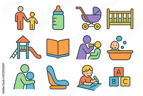 Colorful family and parenting icons set featuring playful childcare and education elements