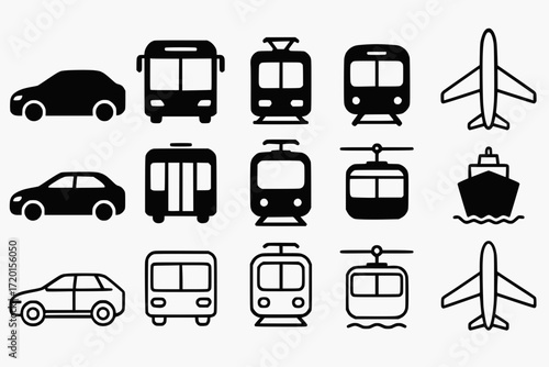 Minimalist Transport Vehicle Silhouette Icon Set